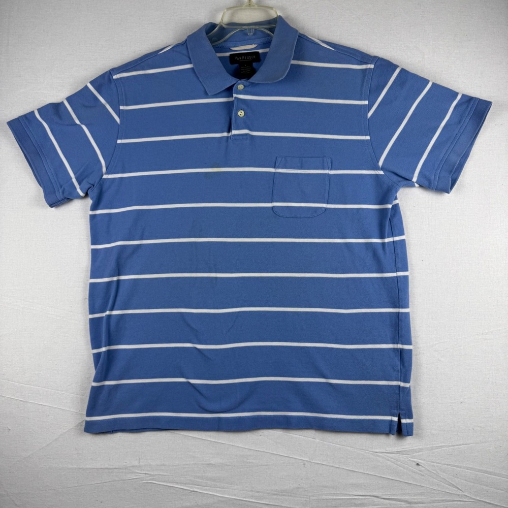 Van Heusen Mens Blue White Striped Cotton Short Sleeve Polo Shirt Size L 1137